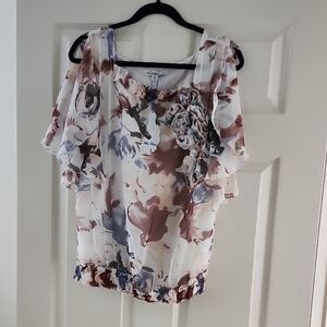 Elegant Floral Ruffle Blouse - Cream and Brown